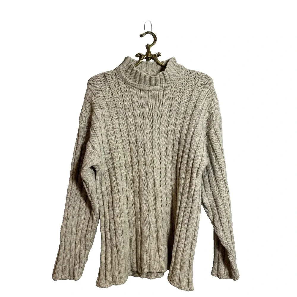 Robert Weldon Oatmeal Moch Neck Sweater ENGLAND Wool Silk Blend Cable Knit Large